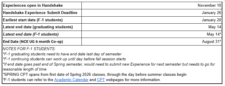 Spring 2026 Experience Form dates